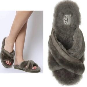 UGG Abela cris-cross grey furry sheepskin fluffy slippers sz 7 EUC